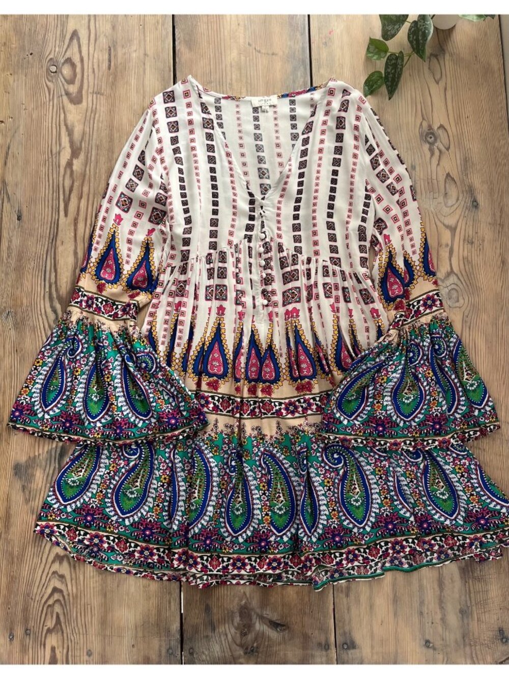 Umgee Boho Stryle Dress Womens L Paisley Print Bell Sleeve Peasant